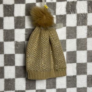 Bebe Pom Pom hat metallic rhinestone poof top knit winter hat tan silver stud